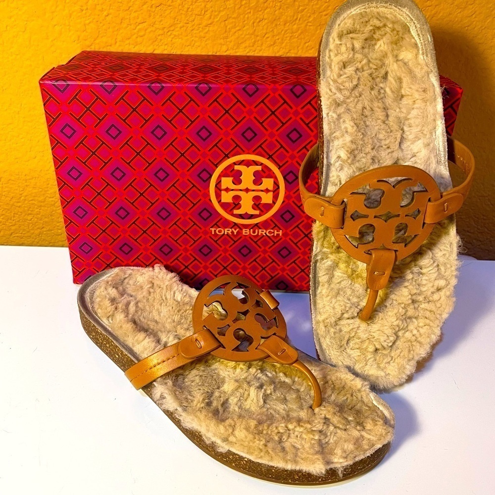 Tory Burch Miller Cloud Shearling Cork Leather Thong Sandal Size 9 Tan Neutral